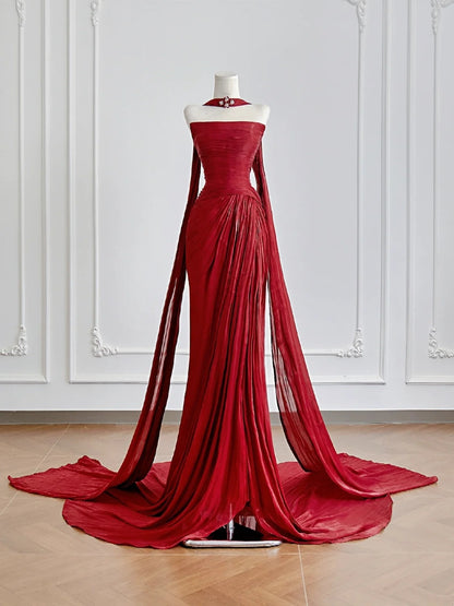 Robe de bal longue sirène intemporelle en mousseline rouge avec fente foulard, inspiration robe de soirée N307