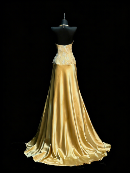 Robe de bal longue de fin d'année pour adolescentes, coupe trapèze, dos nu, en satin doré, modèle N1182