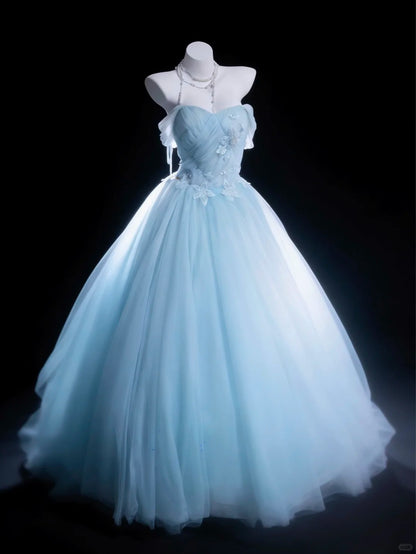 Robes de bal modestes Robe de bal Épaules dénudées Tulle bleu ciel clair avec manches Longue robe de quinceañera N3053