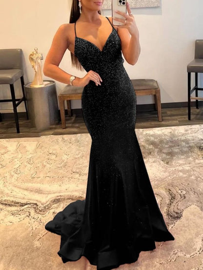 Shiny Mermaid V Neck Glitter Satin Prom Dress Beaded Prom Dress Party Gowns RB1700