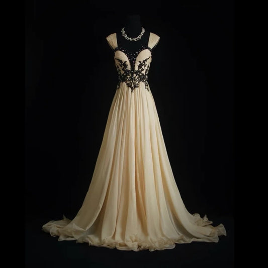 Vintage Prom Dresses 1960s A line Sweetheart Champagne Chiffon With Black Lace Floor Length Sleeveless Evening Formal Outfits RB4933