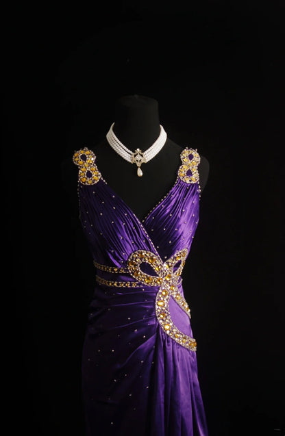 Robe de bal longue rétro sirène en satin violet, style années 2000 - Inspiration pour une tenue de 19 ans - Robe de soirée N504