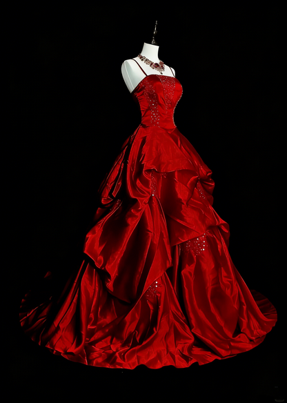 Ball Gown Spaghetti Straps Burgundy Satin Prom Dresses Evening Gown Formal Dress Vintage Party N1776