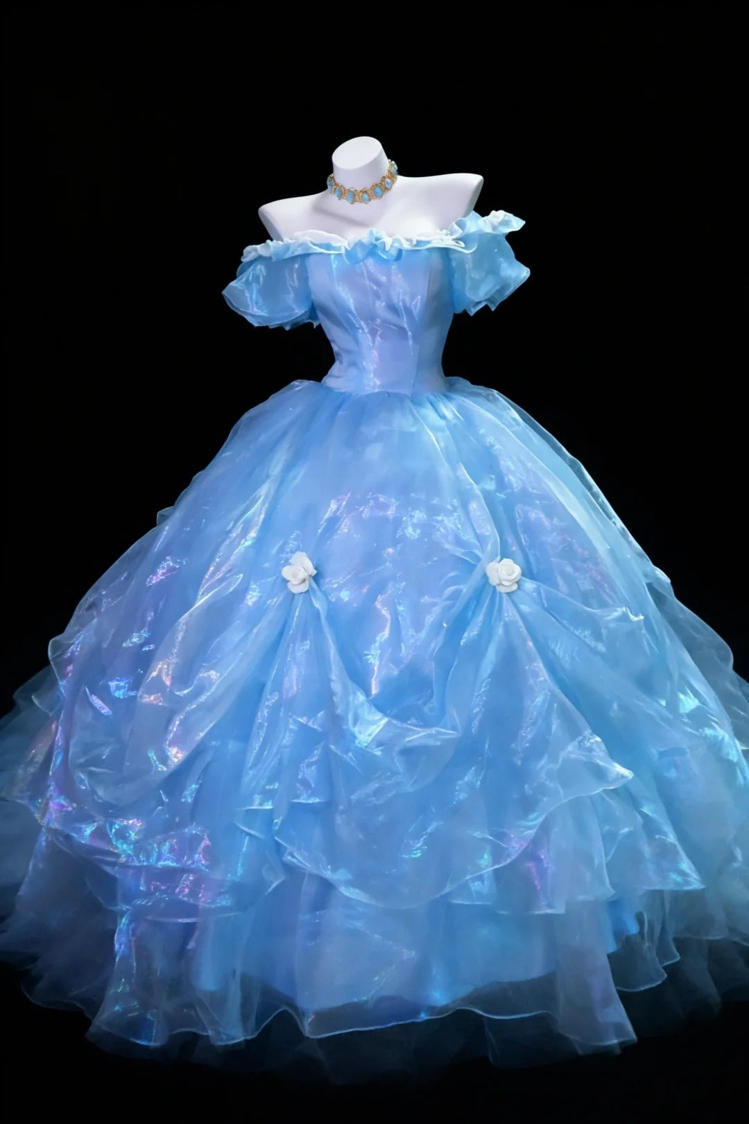 Fairy Ball Gown Off The Shoulder Blue Organza Quince Dresses Quinceanera Dress N2959
