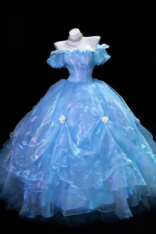 Märchenhafter Ballkleid Schulterfrei Blau Organza Quinceanera Kleid N2959