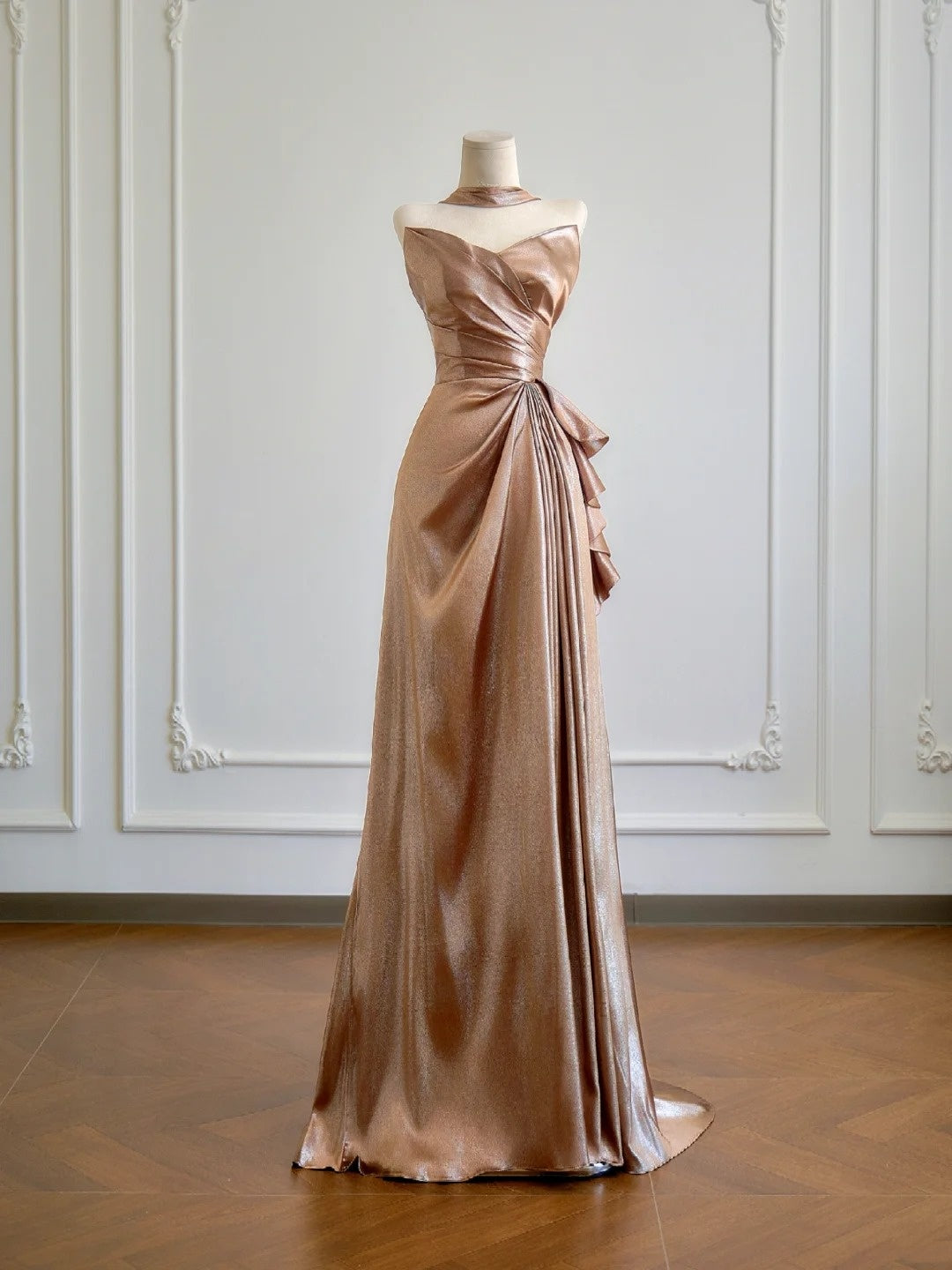 Robe de bal longue de soirée, coupe trapèze, décolleté cœur, couleur champagne avec fente, idéale pour les fêtes d'anniversaire (N375)