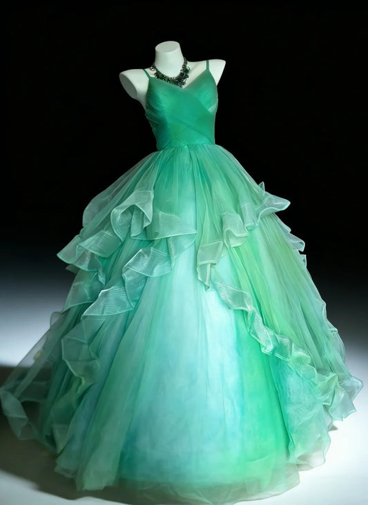 Cute Ball Gown Spaghetti Straps Green Tulle With Ruffled Long Party Gowns Prom Dresses N3040