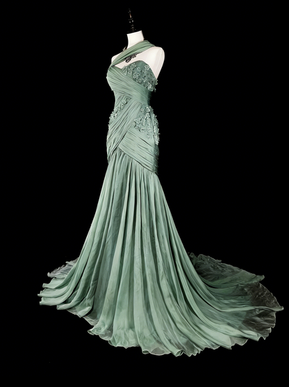 Vintage Ballkleider Ästhetik Meerjungfrau One Shoulder Salbeigrün Chiffon mit Applikationen Langes Abendkleid N2161