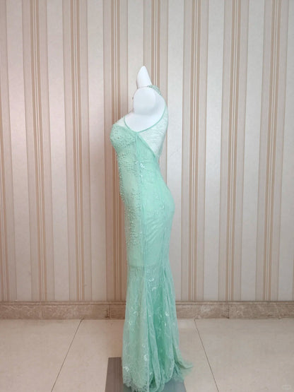 Modest Mermaid High Neck Mint Green Lace Evening Dresses Night Date Prom Dress N4483