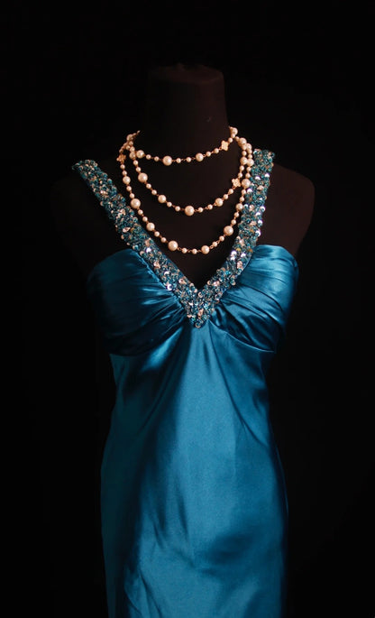 Robe de bal longue rétro sirène dos nu en satin bleu sarcelle, inspiration années 2000, tenue de soirée pour un 18e anniversaire, N498