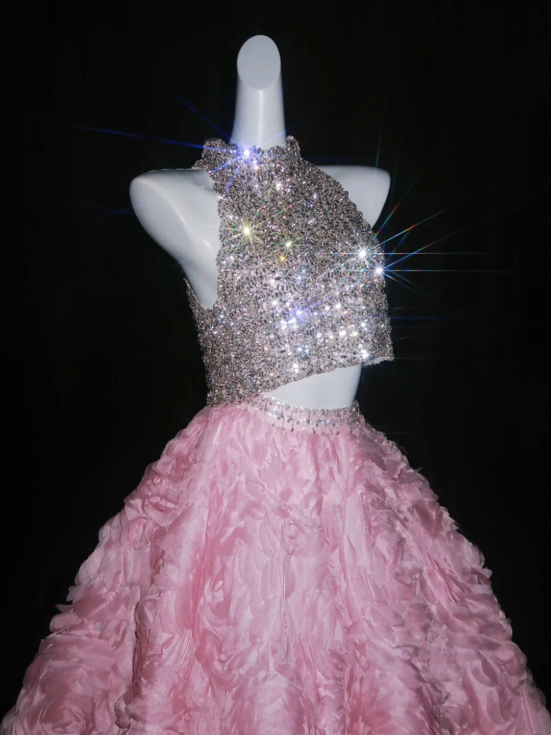 Robe de bal princesse 2 pièces, col montant, sequins argentés, fleurs roses, longue, robe de soirée formelle, robe de bal de fin d'année 18 ans N739