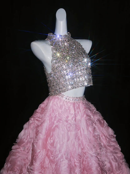 Robe de bal princesse 2 pièces, col montant, sequins argentés, fleurs roses, longue, robe de soirée formelle, robe de bal de fin d'année 18 ans N739