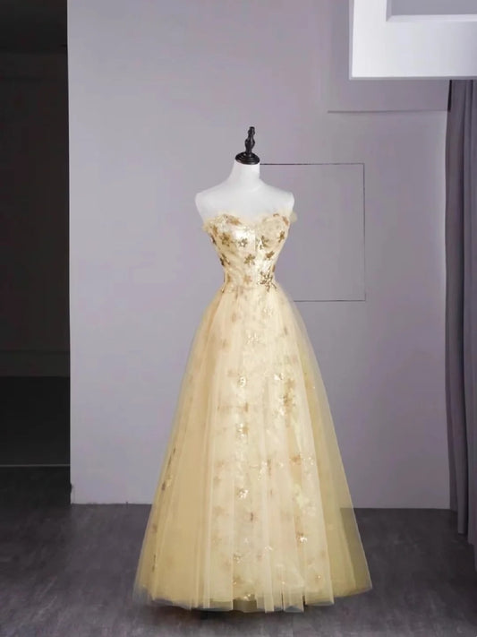 Vintage-Abendkleid im ästhetischen Stil, trägerlos, aus Tüll, gelb, für College, festliche Anlässe, Sweet 16, langes Ballkleid für Teenager N1163
