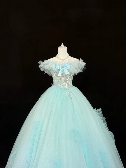 Blue Sweet 16 Dresses Long Ball Gown Off Shoulder Tulle Formal Sweet Sixteen Birthday Gown RC0238