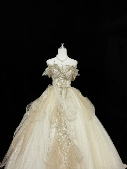 Sweet 15 Quinceanera Dress Ball Gown Off Shoulder Gold With Lace Appliques Tulle 15th Birthday Gown RC0263