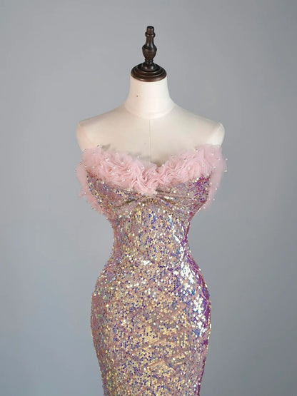 Robe de bal longue rose à sequins, décolleté en cœur, style sirène, taille basse, robe de soirée semi-formelle N686