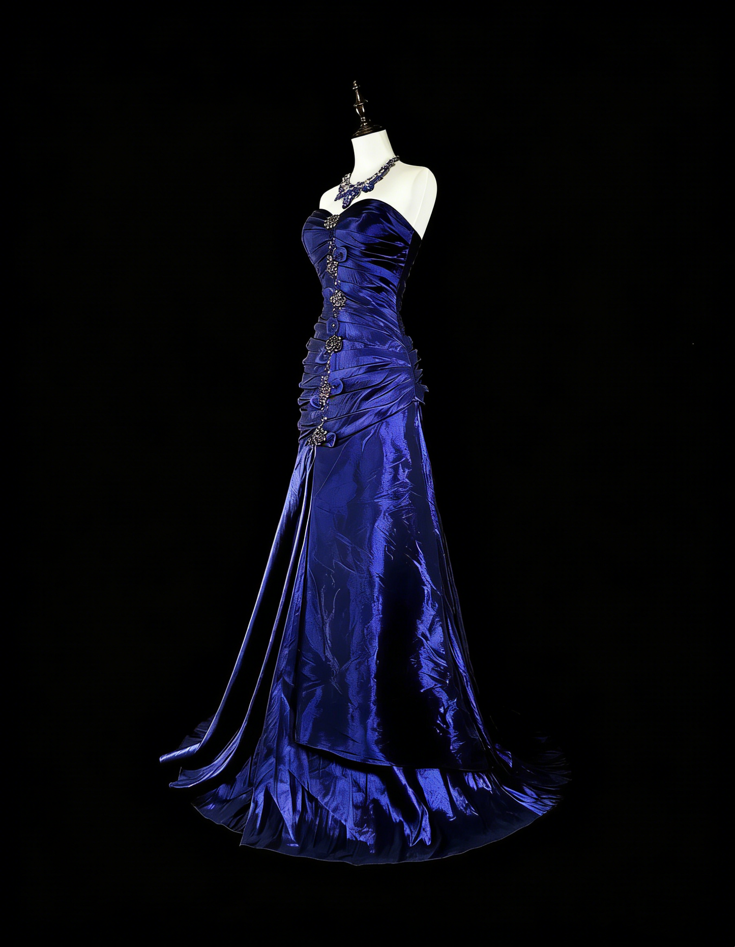 Robe de soirée sirène vintage en satin bleu royal, style années 80, idéale pour un anniversaire ou un bal de promo (N1756)
