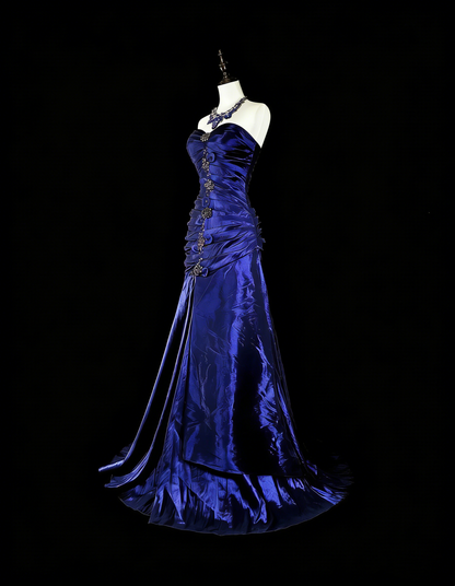 Robe de soirée sirène vintage en satin bleu royal, style années 80, idéale pour un anniversaire ou un bal de promo (N1756)