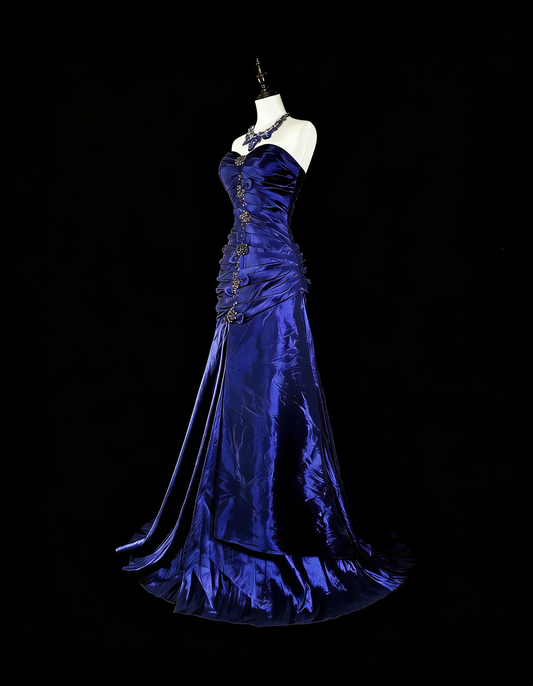 Vintage Mermaid Sweetheart Royal Blue Satin 80s Evening Gowns Formal Birthday Dress Long Prom Dresses N1756