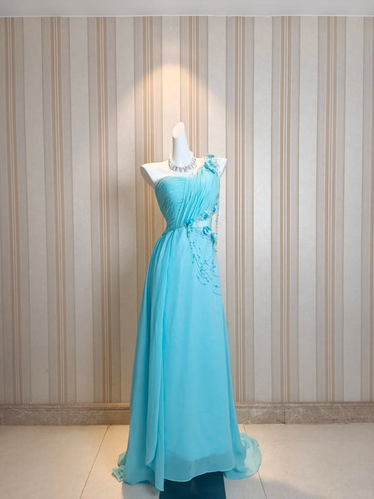 Vintage Ballkleider A-Linie One Shoulder Blau Chiffon 80er Jahre Mit Blumen Lange Formelle Abendgarderobe N4217