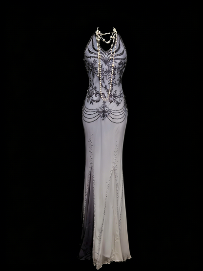Vintage-Stil: Meerjungfrauen-Kleid mit Spaghettiträgern im Stil der 80er, 70er und 90er Jahre, grau, für College, Abschlussball oder andere festliche Anlässe (N1144)