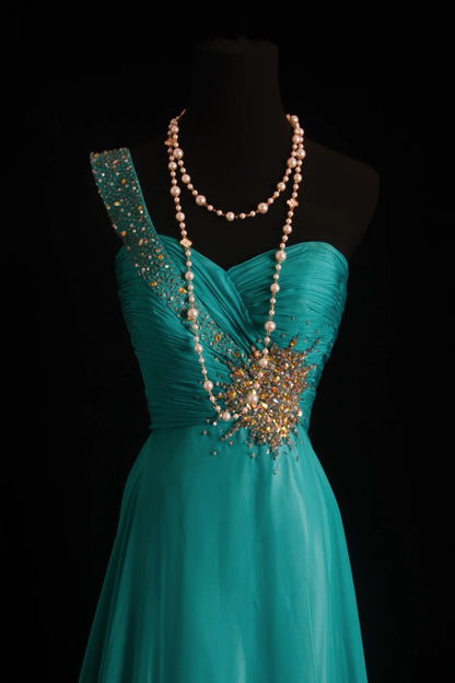 Robes de bal vintage Trapèze Asymétrique Vert Sans manches Perlé Années 80 Mousseline Robe de soirée formelle RB3266