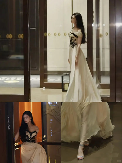Robe de soirée longue trapèze vintage avec décolleté en cœur, champagne et appliques noires, pour bal de promo, fête d'anniversaire, remise de diplôme N2838