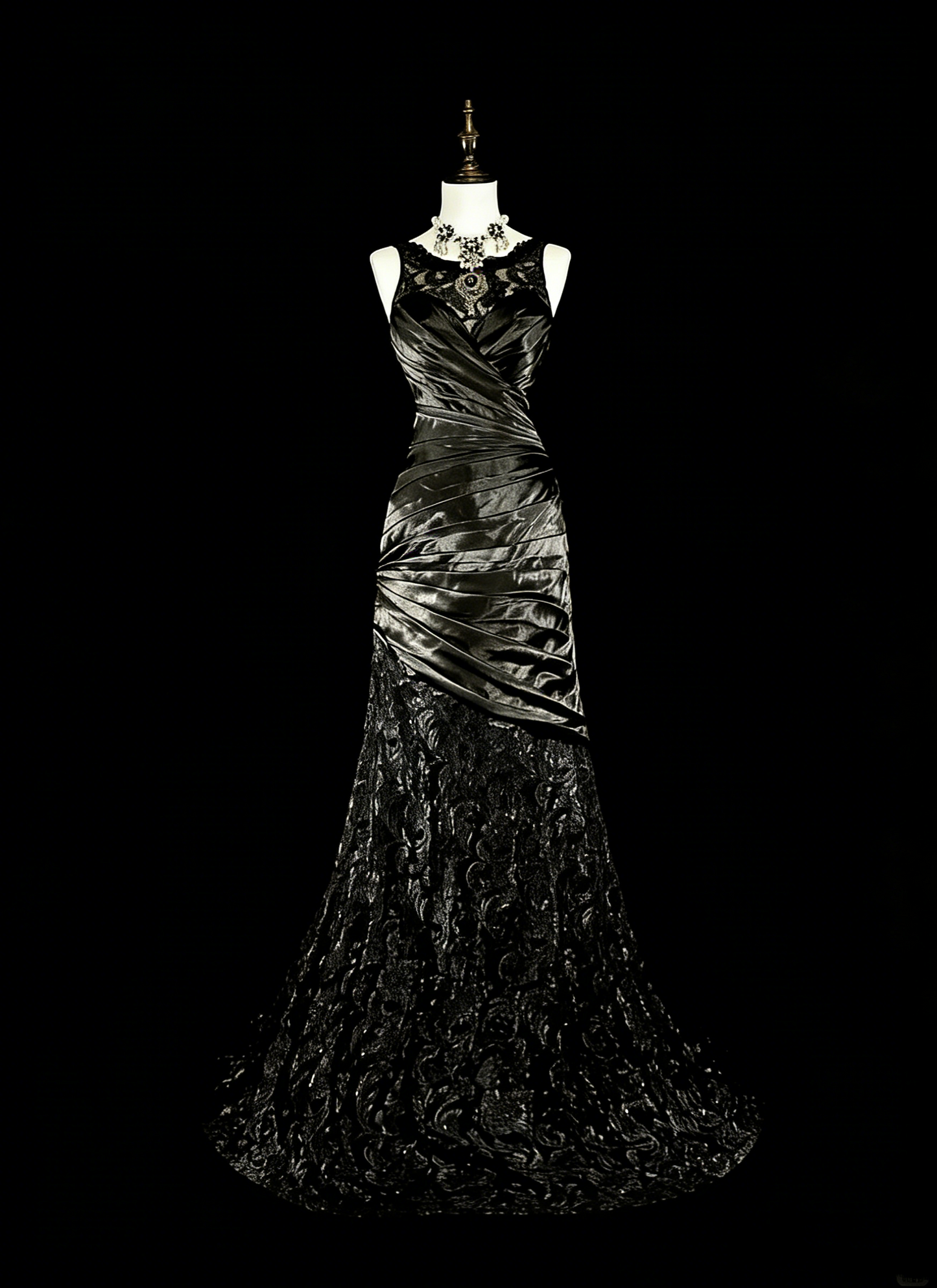 Robe de bal longue sirène plissée en satin, sans manches, col bateau, années 1960, N1574