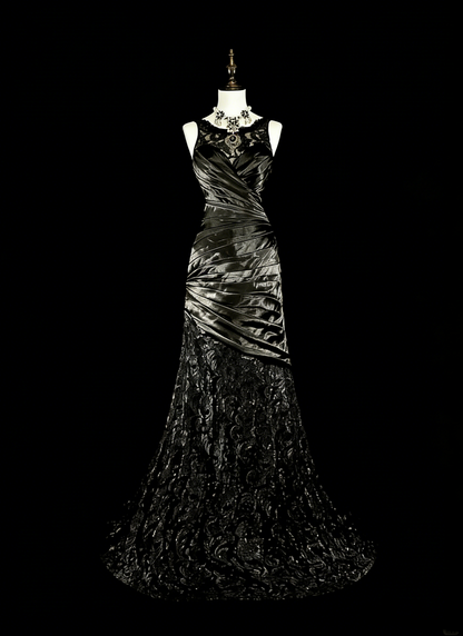 Robe de bal longue sirène plissée en satin, sans manches, col bateau, années 1960, N1574