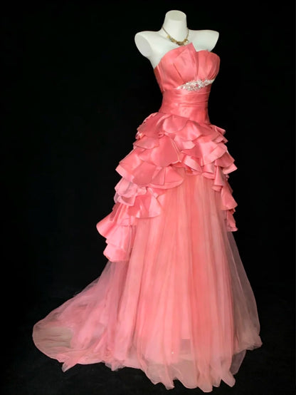 Modest Prom Dresses Ball Gown Strapless Coral Pink Tulle With Beads Long Formal Dress N2957