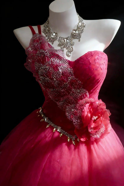 Belles robes de bal pour le bal, robe de bal asymétrique, tulle rose vif avec perles, robe de soirée longue N2955