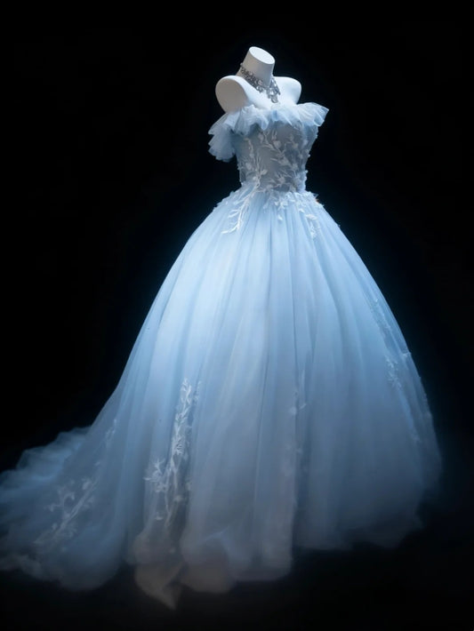 Bescheidene Ballkleider für den Abschlussball, trägerlos, hellblau, Tüll mit Applikationen, langes Quinceañera-Kleid N3052