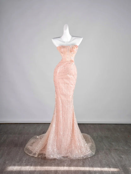Robe de bal de fin d'année rose sirène élégante, sans bretelles, à sequins et sans manches, N1287