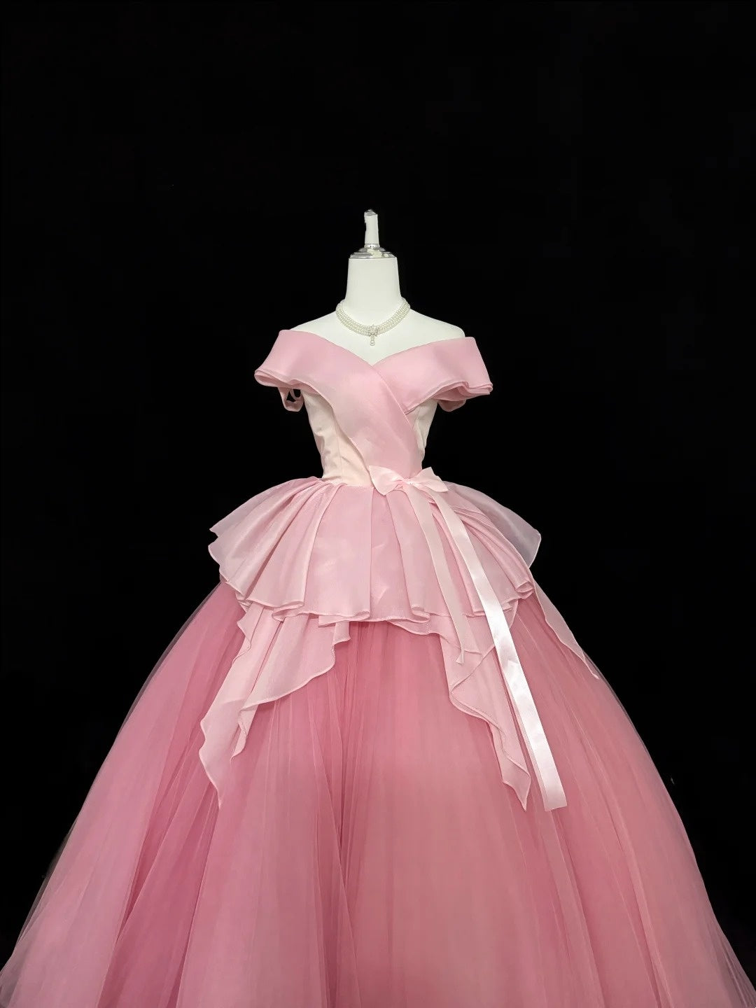 Tulle Prom Dress Long Floor Length Ball Gown Off Shoulder Pink With Sleeves Formal Evening Gown For Women RC0278