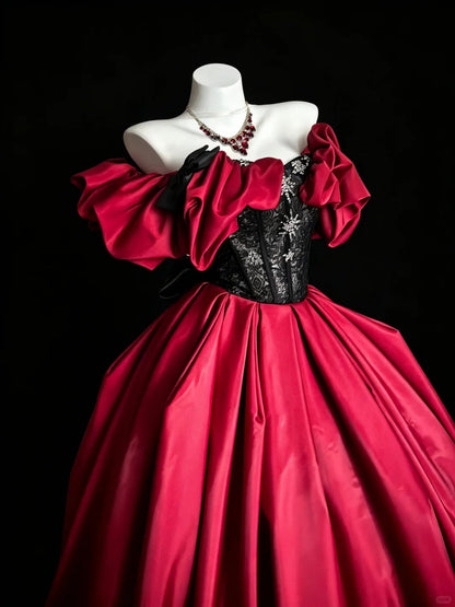 Robe de bal princesse rouge satiné à épaules dénudées avec dentelle noire pour robe de Quinceanera Sweet 16 N4194