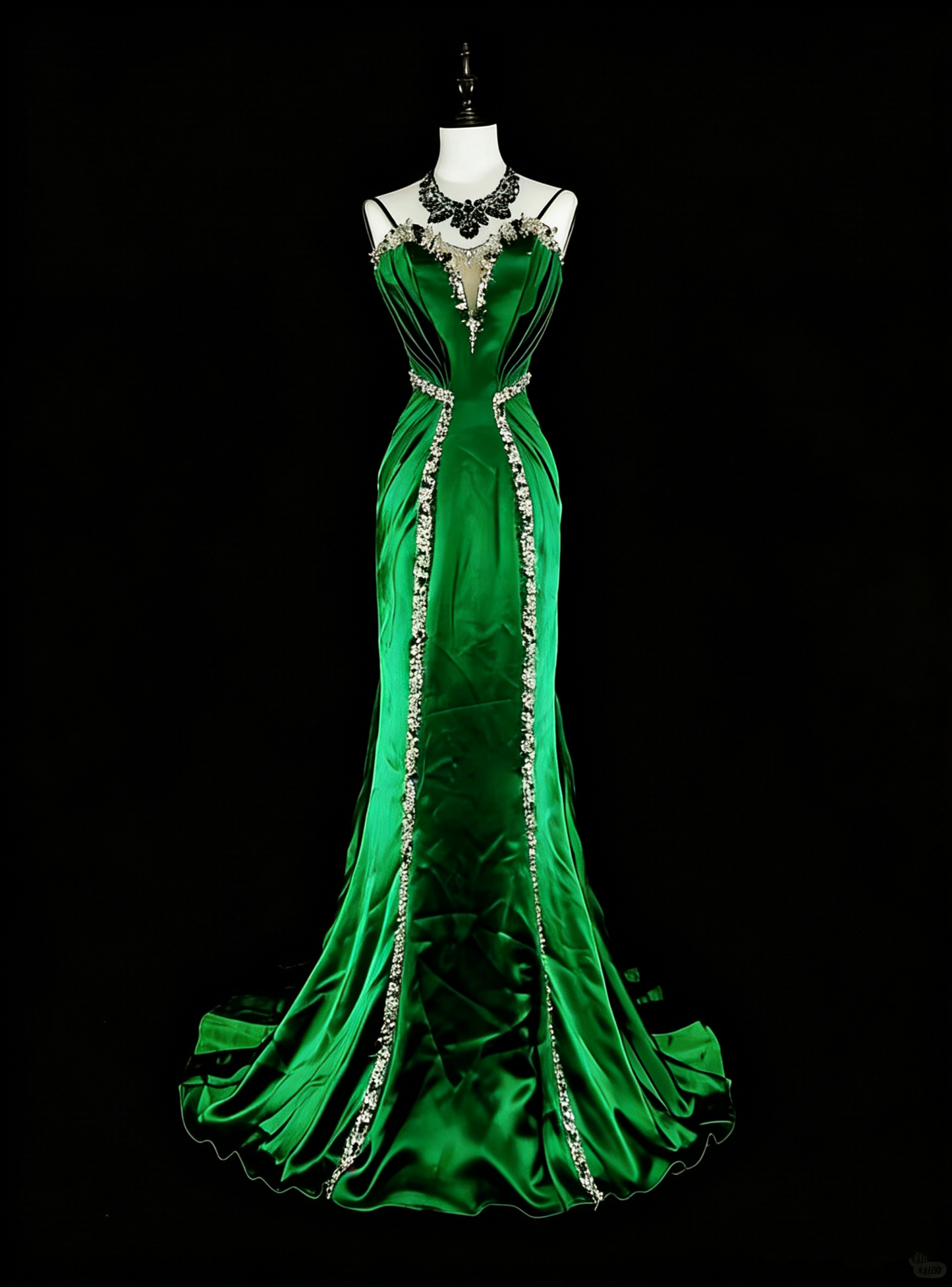 Robe longue vintage sirène à fines bretelles en satin vert dos nu, idéale pour une soirée de 18 ans ou un bal de promo (N1750)