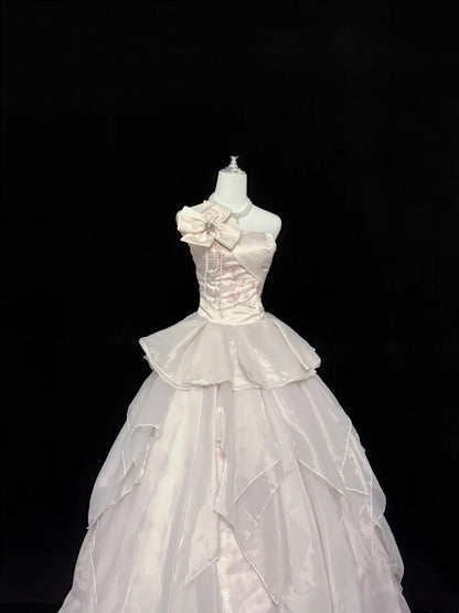 Sweet 15 Quinceanera Dress Ball Gown Strapless Light Pearl Pink With Tiered Long 15th Birthday Gown RC0273