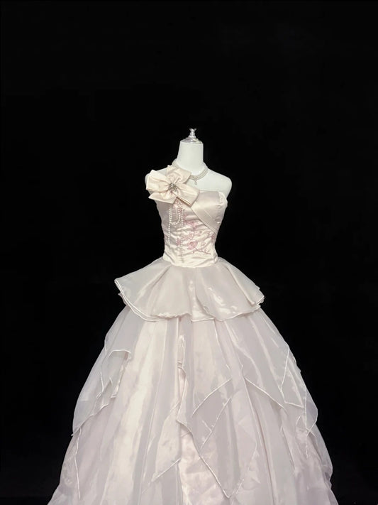 Sweet 15 Quinceanera Dress Ball Gown Strapless Light Pearl Pink With Tiered Long 15th Birthday Gown RC0273