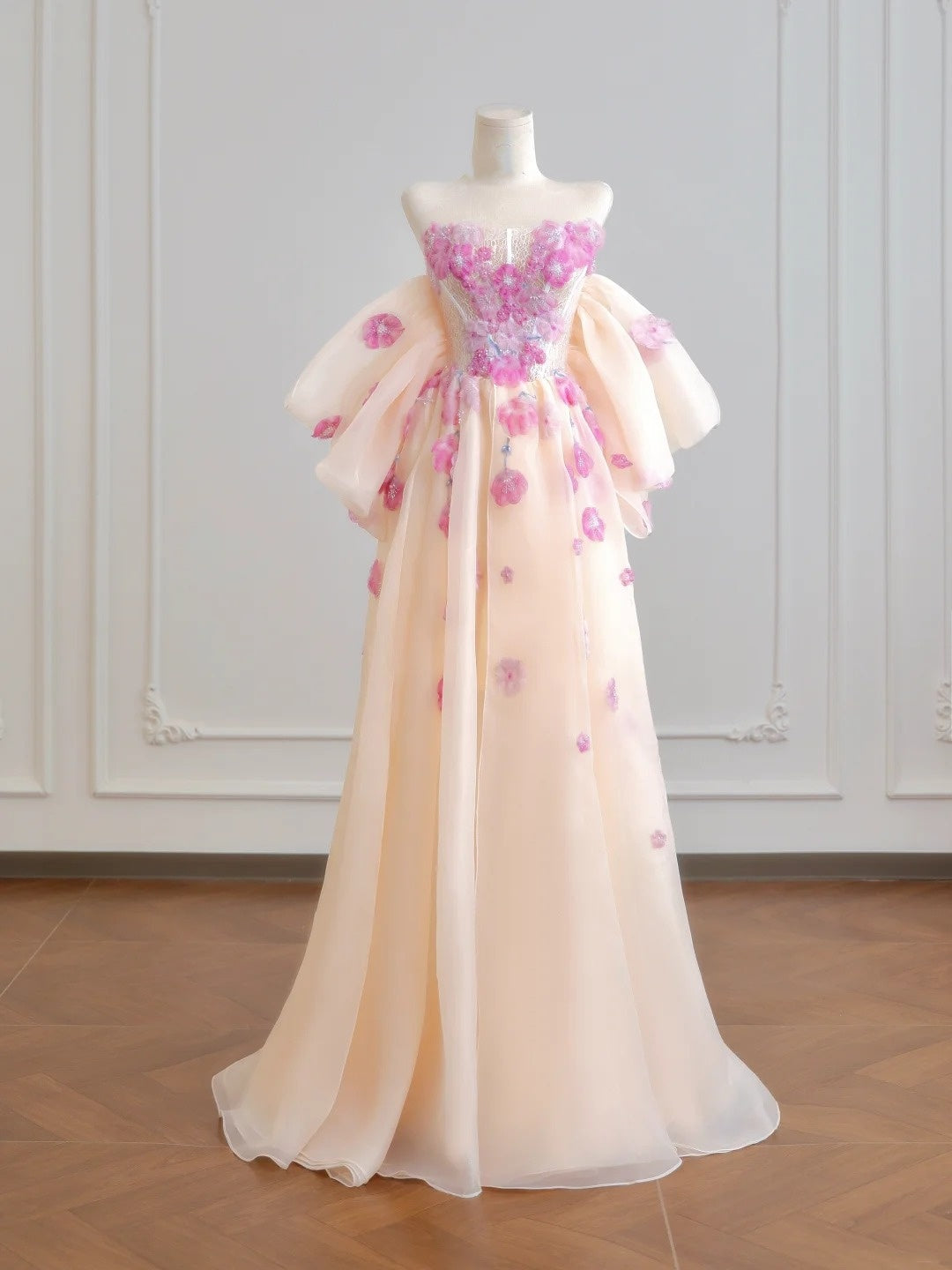 Robe de bal princesse bustier en tulle champagne avec dentelle, longue, inspiration robes de soirée N309