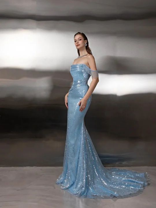 Robe de soirée sirène épaules dénudées, longue jusqu'au sol, ornée de sequins et de franges, AB1677