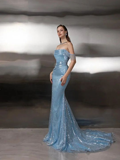 Robe de soirée sirène épaules dénudées, longue jusqu'au sol, ornée de sequins et de franges, AB1677