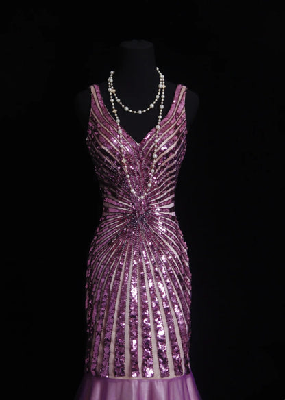 Robes de bal vintage Esthétique Années 80 Rétro Sirène Col en V Lilas Paillettes Robes de soirée longues N2330