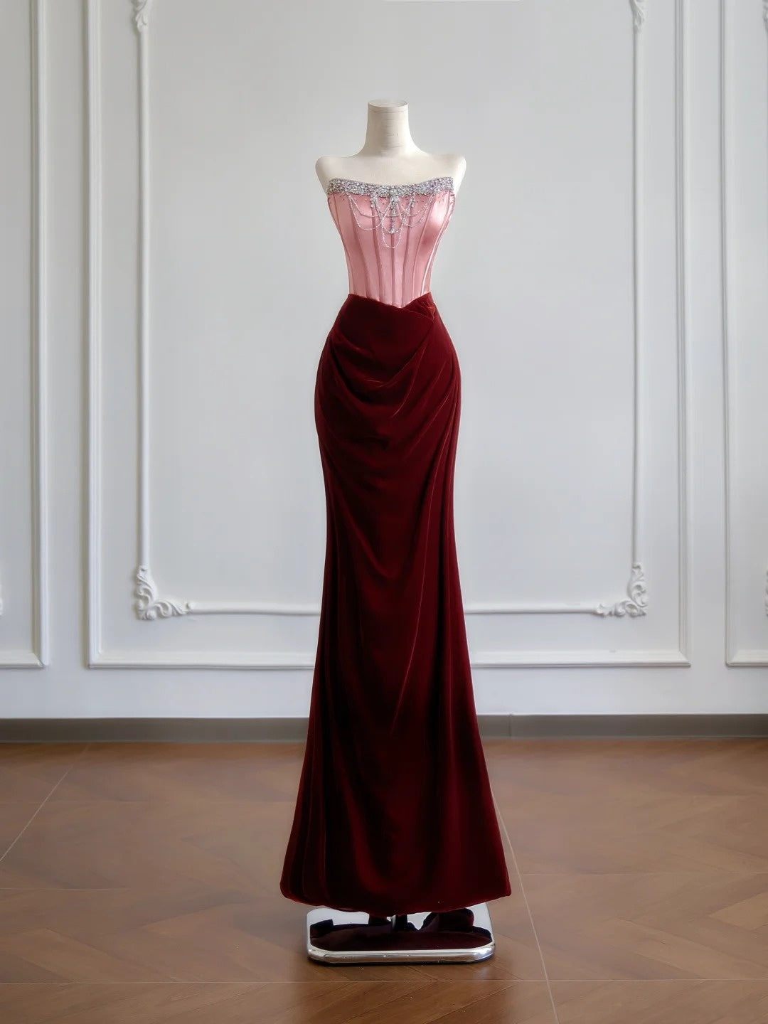 Romantic Mermaid Strapless Pink Top Satin Burgundy Velvet Long Prom Dresses Impress 18th Birthday Outfits Party Gown N393