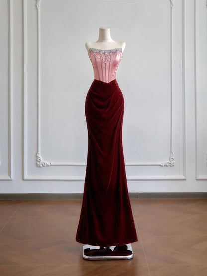 Romantic Mermaid Strapless Pink Top Satin Burgundy Velvet Long Prom Dresses Impress 18th Birthday Outfits Party Gown N393