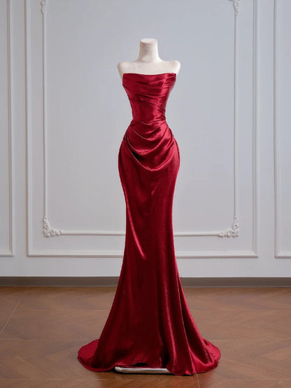 Robe de bal longue rouge satinée, bustier, style sirène romantique, idéale pour un 18e anniversaire (N392)