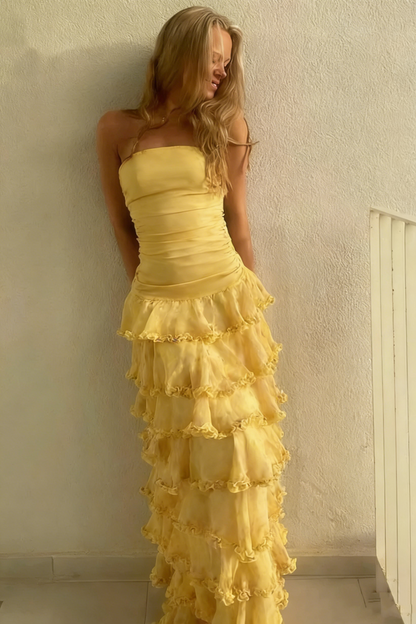 Elegantes, trägerloses, langes, gelbes Chiffon-Abendkleid, Partykleid, Outfit für den 20. Geburtstag, Abschlusskleid N1615