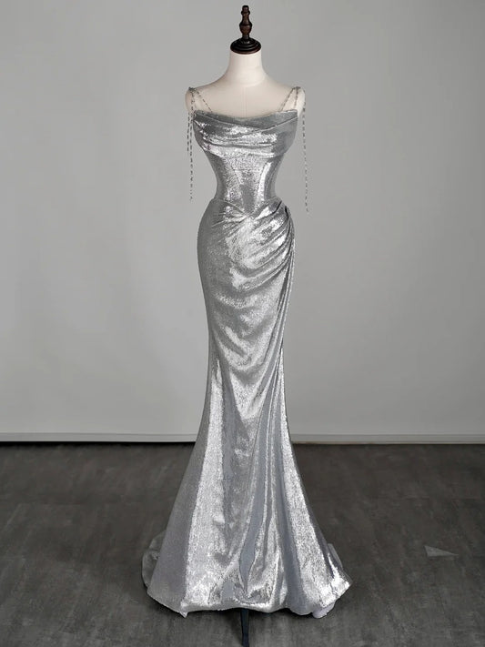 Sexy Mermaid Strapless Silver Sequined Long Prom Dress Inspiration Party Senior Dance Prom Dresses RB1251