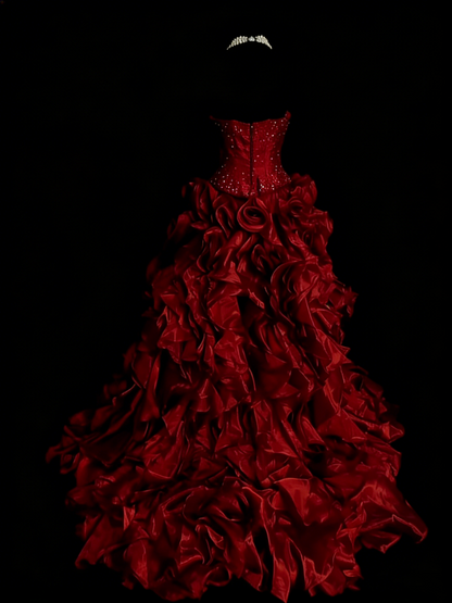 Robe de bal bustier rouge en organza, style années 80, inspiration robes de soirée vintage pour Sweet 16 (N1307)