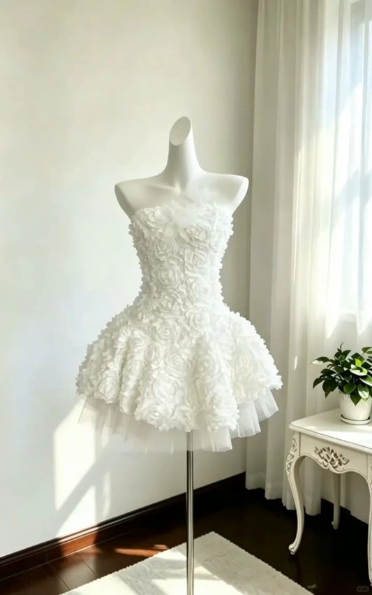 Cute Ball Gown Strapless White Floral Outfit Party Graduation Lolita Dresses Inspo Senior Homecoming Outfit RB4823