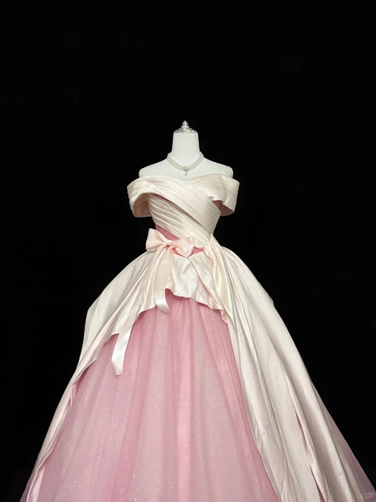 Tulle Prom Dress Long Floor Length Ball Gown Off Shoulder Pink With Sleeves Formal Evening Gown For Women RC0259